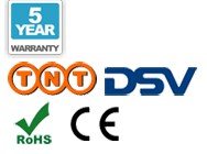 5 lat gwarancji, dostawę TNT, dostawę DSV, CE oraz RoHS logo